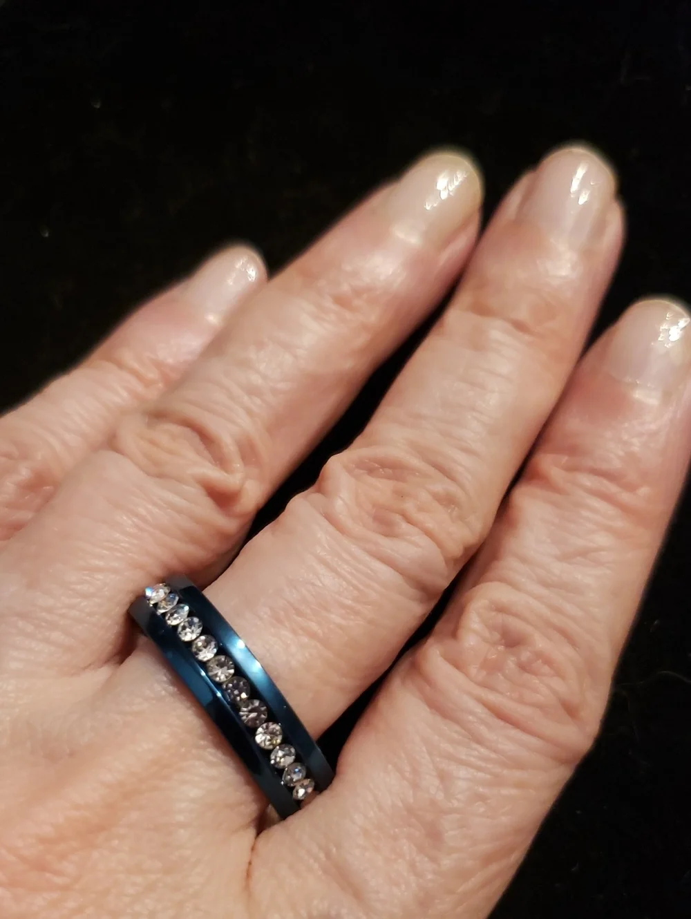 NEW-Size 13 Unisex Deep Teal Blue Polished Metal W/Channel-set Diamondy Stones.
